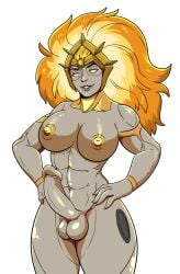 1futa 2d 2d_(artwork) cyborg dainerissindra dota dota_2 futa_only futanari gold_eyes golden_eyes golden_hair looking_at_viewer metallic_body muscular_futanari shiny_skin smiling solo_futa tagme valora_the_dawnbreaker valve