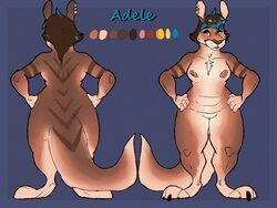 4_fingers adele_(mochashep) anthro barely_visible_genitalia barely_visible_pussy blue_highlights breasts brown_eyes brown_hair chest_tuft ear_piercing ear_ring female fingers genitals hair hands_on_hips highlights_(coloring) kangaroo looking_up macropod mammal marsupial mochashep model_sheet nipple_piercing nipples piercing pose pussy solo standing tuft wide_hips