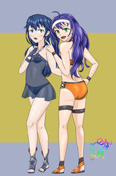 2girls alternate_costume alternate_hairstyle ass back back_view bare_back bare_legs bikini blue_bikini blue_eyes blue_hair blue_swimsuit braid ctl_fish female_only fire_emblem fire_emblem:_path_of_radiance fire_emblem:_radiant_dawn fire_emblem_awakening fire_emblem_heroes green_eyes headband long_hair looking_at_viewer lucina_(fire_emblem) lucina_(summer)_(fire_emblem) marth_(fire_emblem_awakening) mia_(fire_emblem) mia_(summer)_(fire_emblem) multiple_girls nintendo official_alternate_costume open_mouth orange_bikini orange_swimsuit purple_hair sandals see-through smile swimsuit symbol-shaped_pupils v