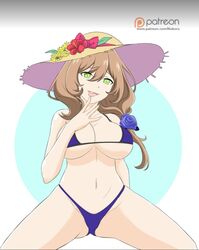 1girls alternate_costume bare_shoulders belly_button big_breasts bikini breasts brown_hair brunette busty cleavage color colored eyebrows_visible_through_hair eyes_open female female_only fingers_to_mouth flower flowers genshin_impact green_eyes hat hat_flower large_breasts light-skinned light-skinned_female light_skin lisa_(genshin_impact) low_tied_hair mihoyo mouth_open noboru_revista only_female open_eyes open_mouth patreon purple_bikini purple_rose purple_swimsuit purple_swimwear revista_paradoja rose_in_hair side_ponytail simple_background solo solo_focus sun_hat sunhat swimsuit swimwear tied_hair tongue tongue_out two_piece_swimsuit