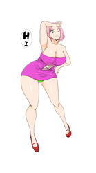 1girls big_breasts breasts dress female maeharasan masaru7 minidress naruto naruto_(series) panties pink_hair revealing_clothes sakura_haruno short_hair solo speech_bubble standing text thick_thighs white_background wide_hips