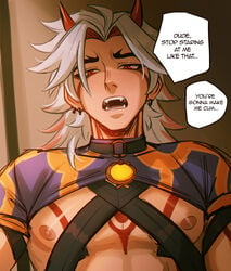 1boy arataki_itto collar earrings facial_markings fangs gay genshin_impact grey_hair horns looking_at_viewer male_only nipples oni orange_eyes pecs red_horns red_markings solo sombre_slahc yaoi