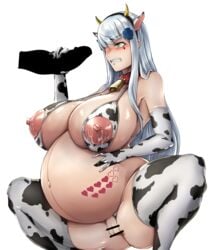 1boy 1girls angry breasts_bigger_than_head censored cow_print cowbell gigantic_breasts girls'_frontline handjob hk416_(girls'_frontline) lactation pregnancy_tally pregnant pregnant_sex zer0artzer0