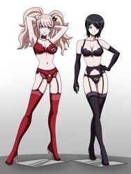 2girls absurd_res alternate_costume armpits arms_up big_breasts black_bra black_elbow_gloves black_garter_belt black_garter_straps black_lingerie black_panties black_stockings boots bra breasts choker cleavage danganronpa danganronpa:_trigger_happy_havoc elbow_gloves electrickronos female female_only freckles garter_belt garter_straps gloves hand_on_hip hands_behind_head heels hi_res high_heels hypnosis junko_enoshima lingerie long_gloves long_hair medium_hair mind_control mukuro_ikusaba panties posing red_bra red_choker red_garter_belt red_garter_straps red_lingerie red_panties red_stockings short_hair sisters standing stockings straight_hair thigh_boots twins twintails