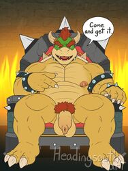 1boy balls bara bowser full_body gay hairy headingsouth male male_only mario_(series) muscles muscular nude penis sitting solo super_mario_bros. throne