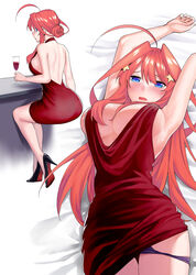 ahoge alternate_hairstyle arms_up back_view backless backless_dress backless_outfit bare_legs bare_shoulders big_breasts blue_eyes breasts cleavage curvy curvy_female curvy_figure dress drink female female_only footwear from_behind front_view glass go-toubun_no_hanayome hair_bun hair_down hair_ornament hairclip heels high_heels holding_object huge_breasts kosmos_beta loose_hair lying lying_on_back multiple_views nakano_itsuki no_bra panties panties_down red_dress red_hair revealing shiny shiny_hair shiny_skin solo solo_focus star_(symbol) star_hair_ornament tied_hair underwear underwear_down wide_hips wine wine_glass