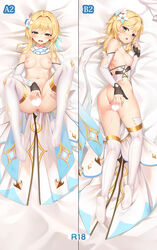 anus ass bangs blonde_hair blush bottomless breasts censored dakimakura_(medium) detached_sleeves eyebrows_visible_through_hair female flower full_body genshin_impact hair_flower hair_ornament hand_on_own_ass hand_on_own_crotch hand_on_own_thigh hand_up heart heart_censor highres legs_up looking_at_viewer lumine_(genshin_impact) lying medium_breasts medium_hair multiple_views navel nipples no_shoes on_back on_bed on_side open_mouth pussy pussy_juice saliva soles spread_ass spread_legs spread_pussy teeth thighhighs upper_teeth white_legwear yellow_eyes yutian_alice