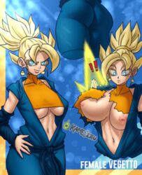 blonde_hair blue_eyes dragon_ball dragon_ball_super female_vegito kameseru ripped_clothing rule_63 super_saiyan vegito