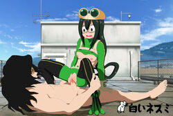 breasts censored concerned costume cowgirl_position froppy gloves goggles_on_head green_hair hero_outfit_(mha) leg_grab long_hair mature_male mosaic_censoring my_hero_academia nude_male open_mouth pussy ripped_pants rooftop rooftop_sex sex shiroi_nezumi shirt_lift shouta_aizawa teacher_and_student tsuyu_asui vaginal_penetration