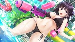 ai_kiss_3 bikini bikini_bottom bikini_top black_bikini black_hair black_swimsuit breasts fang_out female foliage game_cg gun hair_bun highres indoors large_breasts looking_at_viewer maniwa_karin navel oerba_yun_fang open_mouth partially_submerged pool purple_eyes se-fukubu seifukubu_love smile swimsuit virtual_youtuber water_gun water_slide weapon wet