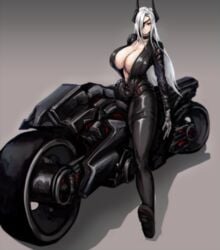 1girls bodysuit breasts_bigger_than_head cleavage eyepatch gigantic_breasts last_origin lemonade_gamma motorcycle white_hair zer0artzer0