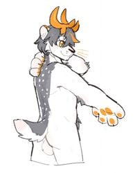 anthro antlers asnnonaka balls belly_tuft biped black_nose cheek_tuft chest_tuft claws elbow_tufts facial_tuft fur genitals glistening glistening_eyes grey_body grey_fur grey_hair grey_tail hair hi_res horn male male_only multicolored_hair orange_antlers orange_body orange_ears orange_eyes orange_fur orange_hair orange_pawpads pawpads simple_background smile solo spots spotted_body spotted_fur tuft two_tone_hair whiskers white_background white_balls white_body white_ears white_fur white_inner_ear white_spots white_tail