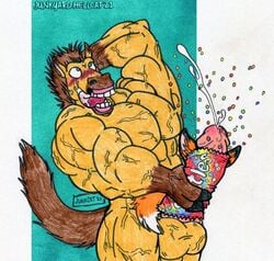 ambiguous_gender anthro blush bodily_fluids brown_hair candy cum cumshot dessert ejaculation equid equine food fox_ears fox_tail genital_fluids hair horse junkyard-hellcat male mammal mars_incorporated muscular skittles_(candy) veiny_muscles