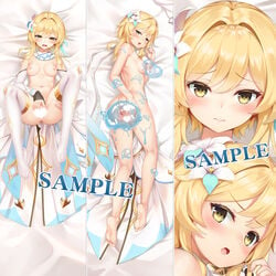 anus ass bangs barefoot blonde_hair blush breasts censored completely_nude dakimakura_(medium) detached_sleeves eyebrows_visible_through_hair female flower full_body genshin_impact hair_flower hair_ornament hand_on_own_ass hand_on_own_crotch hand_on_own_thigh hand_up heart heart_censor highres legs_up looking_at_viewer lumine_(genshin_impact) lying medium_breasts medium_hair multiple_views navel nipples no_shoes nude on_back on_bed on_side open_mouth portrait pussy saliva sample slime_(creature) slime_(substance) slime_monster soles spread_ass spread_legs spread_pussy teeth thighhighs tongue tongue_out upper_teeth white_legwear yellow_eyes yutian_alice