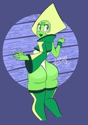 2021 abstract_background absurd_res anthro ass asymmetrical_clothes blonde_hair cartoon_network clothing dated female gem_(species) green_eyes hair hi_res leggings legwear leotard lipstick makeup peridot_(steven_universe) rear_view signature smile solo steven_universe wayesh