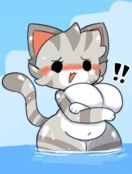 !! animal_crossing big_breasts blush breasts chubby chubby_female embarrassed felid feline felis female fur furry furry_only large_breasts lolly_(animal_crossing) naked nintendo nude partially_submerged sleepysous solo tagme tail thick_thighs wide_hips