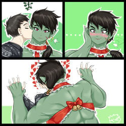 ... 1boy 1girls bell black_hair blush christmas closed_eyes earrings fangs female green_skin hand_holding heart hi_res human human_male imperiumdraws kissing kissing_cheek light-skinned_male light_skin love male male/female mistletoe muscular muscular_female orc orc_female pointy_ears red_eyes ribbon scar tied_hair wholesome