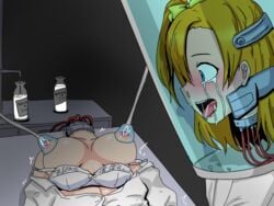 1girls amputation beheaded bra_down brown_hair collared_shirt crying decapitated_head decapitation exam_table experiment gore guro head_in_jar headless kousaka_honoka love_live! milk_bottle milking nightmare_fuel nipple_pump open_mouth unbuttoned_shirt white_bra wires