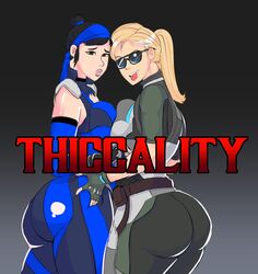 2d 2girls big_ass black_hair blonde_hair brown_eyes cassie_cage clothing female female_focus female_only fully_clothed glasses grabbing grabbing_ass kitana looking_at_viewer looking_back mortal_kombat mortal_kombat_11 nervous netherrealm_studios shades simoncrips slight_blush squished_breasts sunglasses thick_ass tinted_eyewear tongue_out