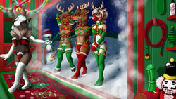 2021 anthro ball_gag bondage bound bulge capreoline cervid christmas christmas_clothing clothed clothing comet_(reindeer) crossdressing dasher fan_character femdom gag girly group harness_gag hi_res holidays leash male male/male malesub mammal multiple_subs quakehoof reindeer rudolph_the_red_nosed_reindeer submissive submissive_male