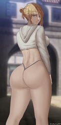 1girls annie_leonhardt ass attack_on_titan big_ass big_butt blonde_hair blue_eyes clothed clothing dat_ass edit female female_focus female_only looking_at_viewer looking_back oroborusart savagexthicc shingeki_no_kyojin solo thick_thighs thighs thong tied_hair