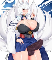 1futa animal_ears azur_lane balls bangs big_balls big_breasts big_penis black_panties blue_eyes blue_skirt blush breasts bulge cleavage clothed clothing erection erection_under_clothes fox fox_ears fox_tail fully_clothed futa_only futanari huge_breasts humanoid humanoid_penis kaga_(azur_lane) kemonomimi light-skinned_futanari light_skin milf pale_skin panties penis penis_under_clothes penis_under_skirt pondbs short_hair skirt solo solo_futa standing thick_thighs white_hair white_skin white_tail