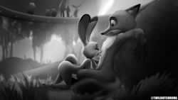 absurd_res anthro ass bodily_fluids canid canine cum cum_in_mouth cum_inside cum_on_face digital_media_(artwork) disney duo erection female flat_chest fox fur genital_fluids genitals grey_body grey_fur hi_res judy_hopps lagomorph leporid male male/female mammal nick_wilde nude open_mouth oral penetration penis public public_sex rabbit sex smile surprised_expression tongue tongue_out twilightchroma widescreen zootopia zootropolis