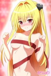 1girls blonde_hair blush breasts female female_only golden_darkness heart heart_shape konjiki_no_yami light-skinned_female light_skin long_hair navel nude_female partially_clothed red_eyes ribbon_bondage small_breasts to_love-ru very_long_hair yuya_yomi