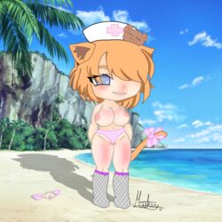 1girls beach breasts cat_ears catgirl exposed_breasts gacha gacha_club gacha_heat gacha_life hat no_pupils nurse_cap shitpost sunburn tagme tail underwear