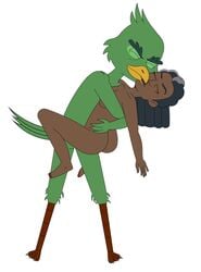 2021 alien anthro avian black_hair braided_hair carol_freeman couple dark_skin duo eye_bags feathers female gabers_migleemo green_feathers grey_hair human humanoid interspecies kissing klowahkan_(species) male mature_female milf nude older_female standing_sex star_trek star_trek_lower_decks tbx wrinkles