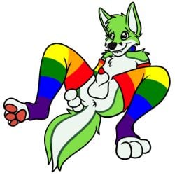 animal_genitalia anthro anus armwear balls black_nose canid canine canis clothing collar digital_media_(artwork) fidget_the_fox fox fur genitals green_body green_eyes green_fur hair legwear male male_only mammal multicolored_clothing multicolored_legwear multicolored_penis multicolored_thigh_highs nude penetration penis rainbow_penis sheath simple_background smile solo solo_male sticker supersonicsoup telegram telegram_stickers text thigh_highs tongue white_body white_fur