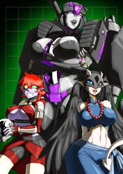 3girls alien alien_girl big_breasts bioware blue_eyes breasts cleavage crossover cybertronian digimon digimon_(species) fangs female female_focus female_only fully_clothed green_eyes grid_background hasbro heterochromia hourglass_figure hybrid large_breasts mad-project mass_effect midriff multiple_girls no_pupils oc original_character original_characters pinup posing purple_eyes quarian seductive seductive_look seductive_smile size_difference smirk tail takara_tomy thick thick_thighs transformers underboob yellow_eyes