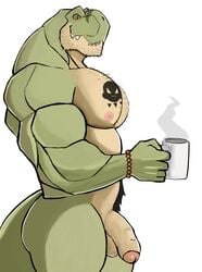 2021 absurd_res anthro balls beverage big_muscles body_hair bracelet chest_hair coffee coffee_cup container cup darknaigart dinosaur facial_hair flaccid foreskin genitals happy_trail hi_res holding_cup holding_object humanoid_genitalia humanoid_penis jace_(darknaig) jewelry looking_at_viewer male male_only muscular muscular_anthro muscular_male nipples nude pecs penis pubes reptile scalie side_view simple_background smile solo standing steam tattoo teeth theropod tyrannosaurid tyrannosaurus tyrannosaurus_rex white_background