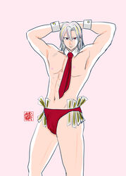 confident cuffs_(clothing) demon_slayer detatched_collar hands_behind_head kimetsu_no_yaiba male_lingerie male_only money_in_thong money_under_clothes muscular red_eyes red_thong red_tie silver_hair solo_male uzui_tengen