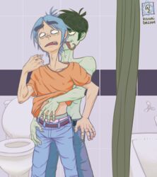 2d_(gorillaz) bathroom bathtub blue_hair from_behind gorillaz green_eyes jeans lifting_shirt long_tongue male_only murdoc_niccals orange_shirt pink_underwear shower_curtain toilet