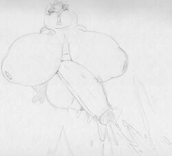 anthro avian balls beak big_breasts big_penis bird blush bodily_fluids breasts crown cum cumshot ejaculation eyelashes furry futanari genital_fluids genitals gynomorph hanging_breasts harvey_beaks harvey_beaks_(series) huge_breasts huge_cock hyper hyper_breasts hyper_genitalia hyper_penis intersex monochrome navel nipples open_mouth owl penis princess_(harvey_beaks) sbshouseofpancakes sketch tongue