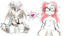 1boy 1girls bella_(nova) blush bow cum_inside female femboy femboy_on_female femboydom femsub glasses groping group_qp handholding heart heart-shaped_pupils impregnation male maledom nat_(riteliso) ovum penis red_hair sperm_cell straight