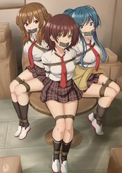 3girls arms_behind_back arms_tied_behind_back blue_eyes blue_hair bondage bound_ankles bound_legs brown_eyes brown_hair female gag gagged green_eyes high_resolution hinami_aoi izumi_yuzu jaku-chara_tomozaki-kun large_filesize looking_at_viewer minami_nanami multiple_girls multiple_subs nanami_minami restrained rope source_request tape tape_gag vakaosciosa very_high_resolution