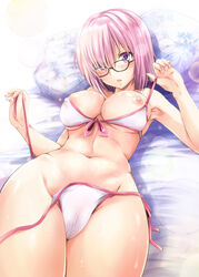 adapted_costume bikini black-framed_eyewear blush breasts commentary_request fate/grand_order fate_(series) female front-tie_bikini front-tie_top glasses highres large_breasts looking_at_viewer lying mash_kyrielight mash_kyrielight_(swimsuit_of_perpetual_summer) navel nipples on_back pillow pink_hair purple_eyes shiroi_noria short_hair side-tie_bikini solo stomach swimsuit untied untied_bikini wet white_bikini