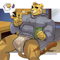 2021 animal_crossing anthro apollo_(animal_crossing) avian bald_eagle beak big_bulge big_muscles bird blush bulge cellphone claws clothing dialogue_box duo eagle eggplant eyebrows feathers felid food fruit fur gesture hi_res holding_object holding_phone hoodie inside jockstrap kumammoto_(artist) male male/male male_only mammal muscular muscular_anthro muscular_male nintendo one_eye_closed pantherine phone pictographics plant sea_eagle sexting sitting smartphone smile solo_focus texting tiger topwear tuft tybalt_(animal_crossing) underwear v_sign video_games wink