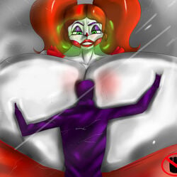 against_glass animatronic baby_(fnafsl) bad_breath breasts breasts_bigger_than_body breasts_bigger_than_head breasts_on_glass circus_baby circus_baby_(fnaf) clown curvaceous curvy curvy_female curvy_figure fableeg five_nights_at_freddy's five_nights_at_freddy's:_sister_location green_eyes hair huge_breasts hyper hyper_breasts large_breasts purple_guy_(fnaf) robot robot_girl william_afton