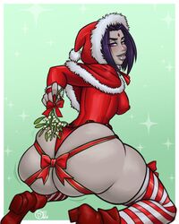 1girls ass big_ass bottom_heavy breasts bubble_butt christmas dc dc_comics fat_ass female female_only forehead_jewel huge_ass looking_at_viewer looking_back medium_breasts purple_hair rachel_roth raiounsfw raven_(dc) solo straight_hair teen_titans thick_ass thick_thighs wide_hips