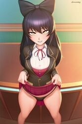 against_surface against_table bedroom_eyes black_hair black_thong blake_belladonna blush bow catgirl classroom first_person_view hairbow long_hair looking_at_viewer looking_up renkonv rwby school_girl school_uniform skirt skirt_lift smile smiling_at_viewer thick_thighs thighs thong underwear viewed_from_above yellow_eyes