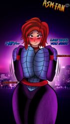 1girls anna-may_parker asmfan94 big_breasts big_thighs blush breasts choker city city_background cityscape female gigantic_breasts green_eyes marvel marvel_comics medium_hair motion_lines outdoors presenting presenting_breasts purple_background red_hair smile smiling smiling_at_viewer spider-man_(series) spiderling squeezing squeezing_breast superhero superhero_costume superheroine tagme teasing text thick_thighs twitter_username