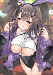 1girls 2022 :3 alcohol animal_ears azur_lane bangs bar bare_shoulders black_hair black_leotard blurry blurry_background blush bottle breasts cowboy_shot eyebrows_visible_through_hair female female_focus female_only hair_between_eyes hair_ornament highres indoors jacket large_breasts leotard light-skinned_female light_skin liquor long_hair long_sleeves looking_at_viewer mutou_(94753939) mutou_mame northern_parliament_(azur_lane) off_shoulder pamiat_merkuria_(azur_lane) playboy_bunny purple_jacket rabbit_ears red_eyes simple_background smile solo thighs underboob white_background