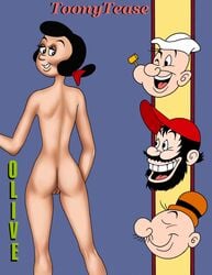 black_hair bow brutus eyelashes female grin king_features_syndicate looking_back olive_oyl popeye popeye_(series) pussy red_bow solo toonytease