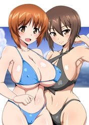 2girls :d alternate_breast_size armpits bangs bikini black_bikini blue_bikini blue_sky breasts brown_eyes brown_hair cameltoe cleavage closed_mouth cloud collarbone commentary_request covered_erect_nipples day eyebrows_visible_through_hair girls_und_panzer highres large_breasts letterboxed looking_at_viewer medium_hair multiple_girls navel nishizumi_maho nishizumi_miho ocean open_mouth siblings sidelocks sisters sky smile swept_bangs swimsuit tavor_(m_tavor) underboob