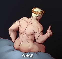 1boy ass ass_focus back_view bara blonde_hair imperium_of_man laurel_crown lewdbees_(artist) meme primarch roboute_guilliman solo_male ultramarines warhammer_(franchise) warhammer_40k you_may_spank_it_once_(meme)