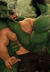 3boys abs arm_hair bara beard big_pecs black_hair bodily_fluids body_hair bottomwear brown_hair chest_hair clothing dilf dominant dopq eye_scar facial_hair facial_scar forced forest gameplay_mechanics gay green_body green_skin group hair hairy hairy_chest hairy_male hand_on_face hand_on_side hi_res holding_face human human_on_humanoid humanoid interspecies level_drain male male/male male_chest male_focus male_only mammal mature mature_male muscle muscles muscular muscular_male nipples not_furry orc outside pale_skin pants pecs plant scar shirtless shirtless_male size_difference sweat text tree tusks yaoi