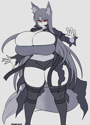 alphaerasure breasts claws cleavage curvaceous curvy female female_focus fox_ears hips hourglass_figure large_breasts long_hair midriff monochrome morgana_(alphaerasure) red_eyes sharp_claws sharp_nails shorts solo solo_female thick_thighs thighhighs thighs torn_cloak watermark wide_hips